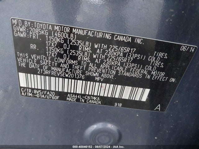 2T3RFREV5EW201376 Toyota Rav4 Xle