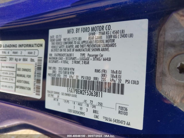 Ford Mustang V6 2015 1FATP8EM2F5363811 Image 9