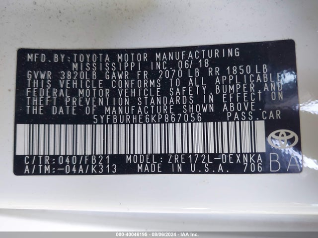 Toyota COROLLA LE 2019 5YFBURHE6KP867056 Image 9