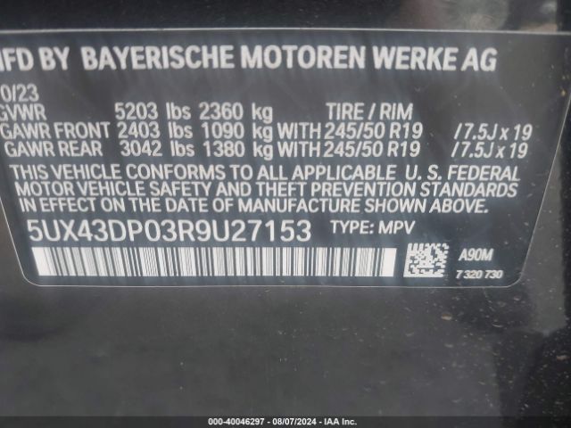 5UX43DP03R9U27153 BMW X3 Sdrive30i