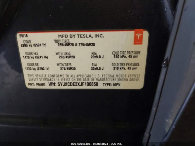 5YJXCDE2XJF100858 Tesla Model X 100d/75d/p100d