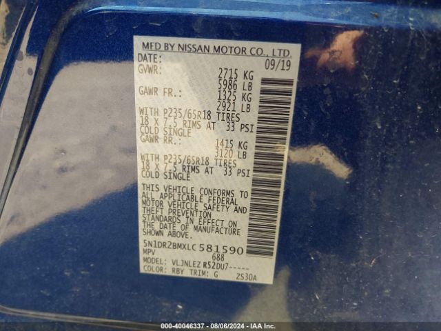 5N1DR2BMXLC581590 Nissan Pathfinder Sv 4wd