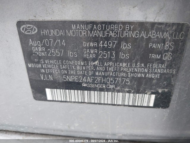 Продажа на аукционе авто 2015 Hyundai Sonata Se, vin: 5NPE24AF2FH057175, номер лота: 40046379
