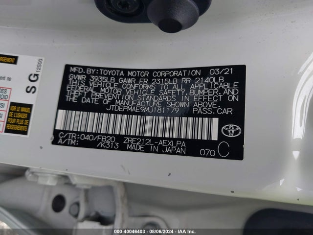 Toyota COROLLA LE 2021 JTDEPMAE9MJ181179 Image 9