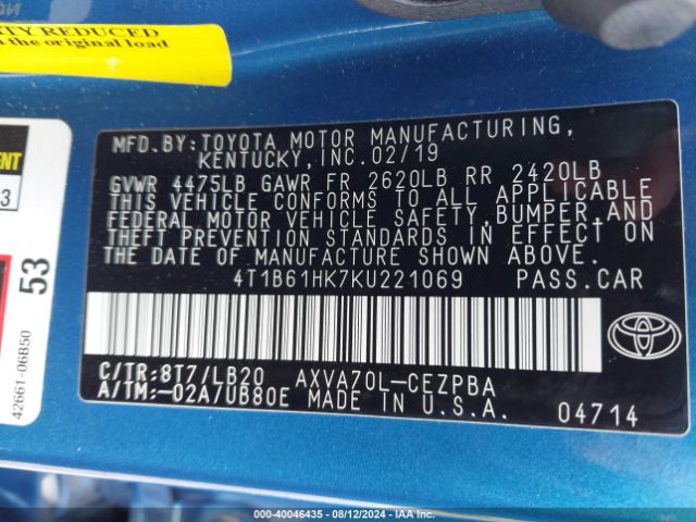 4T1B61HK7KU221069 Toyota CAMRY XSE