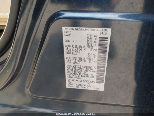 5N1AR2MN2EC693229 Nissan Pathfinder S