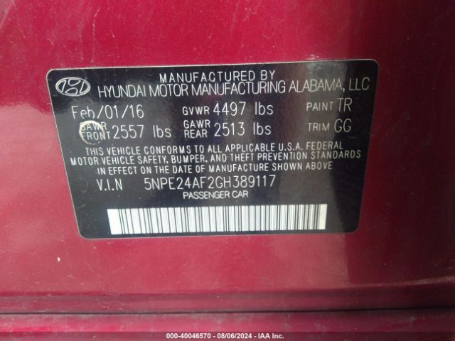 5NPE24AF2GH389117 Hyundai SONATA SE