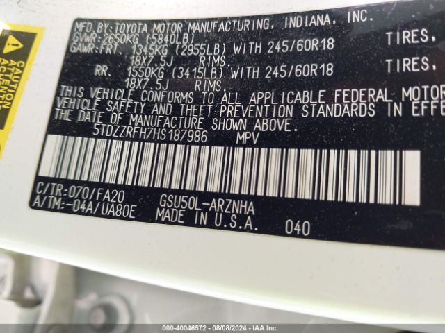 5TDZZRFH7HS187986 Toyota Highlander Le Plus