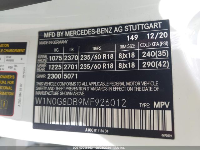 W1N0G8DB9MF926012 Mercedes-Benz Glc 300 Suv