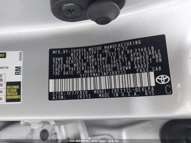 Toyota COROLLA LE 2022 5YFEPMAE3NP389233 Image 9