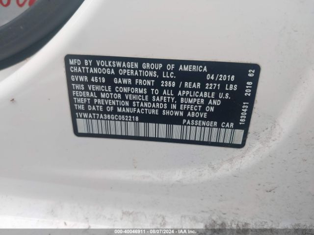 1VWAT7A36GC052218 Volkswagen Passat 1.8t S