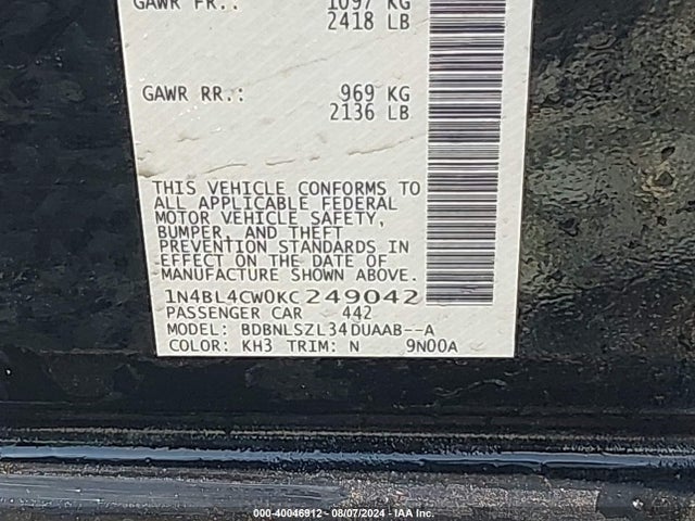 Nissan Altima 2.5 Sr 2019 1N4BL4CW0KC249042 Image 9