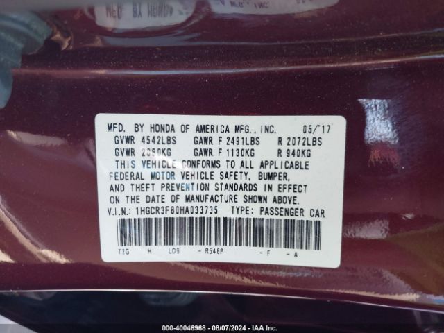1HGCR3F80HA033735 Honda Accord Ex-l V6