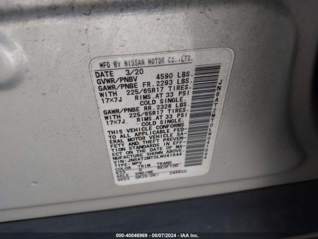 JN8AT2MT0LW041844 Nissan Rogue S Fwd