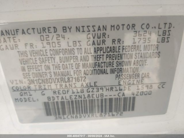 3N1CN8DVXRL871672 Nissan Versa 1.6 S