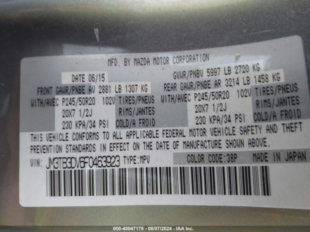 JM3TB3DV6F0463923 Mazda Cx-9 Grand Touring