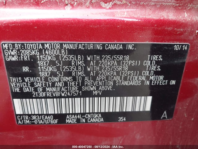 Toyota Rav4 Limited 2015 2T3DFREV8FW247571 Image 9