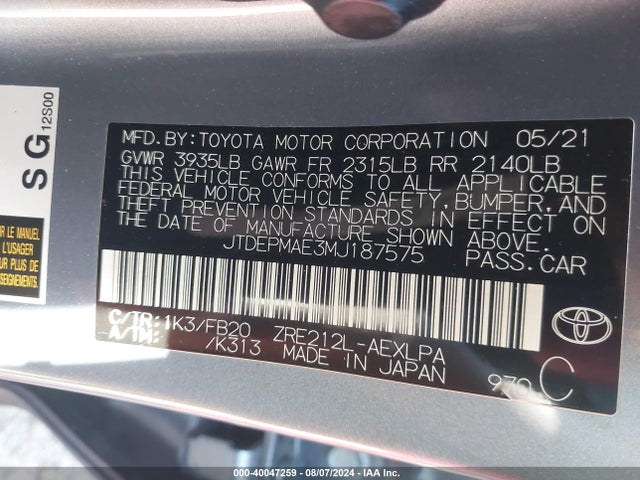 Toyota COROLLA LE 2021 JTDEPMAE3MJ187575 Image 9