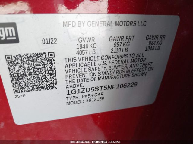 1G1ZD5ST5NF106229 Chevrolet Malibu Fwd Lt