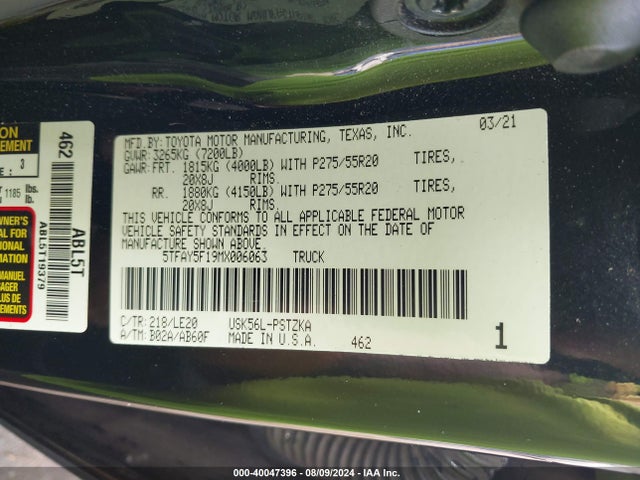 Toyota Tundra Platinum 2021 5TFAY5F19MX006063 Image 9