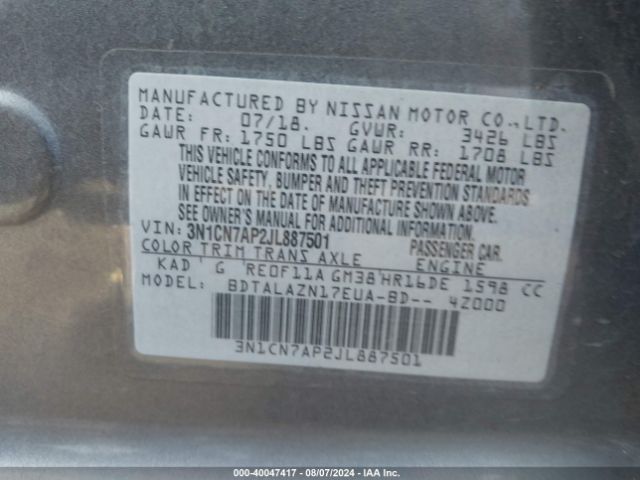 3N1CN7AP2JL887501 Nissan Versa 1.6 S+