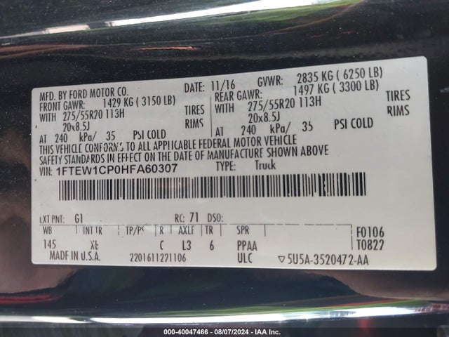 Ford F-150 Xlt 2017 1FTEW1CP0HFA60307 Image 9