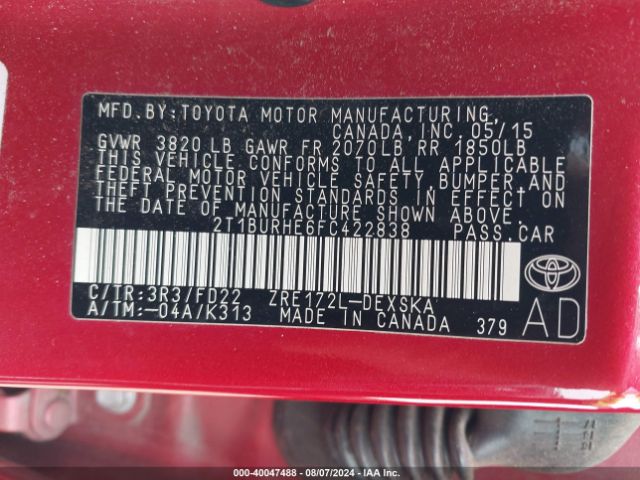 2T1BURHE6FC422838 Toyota Corolla S