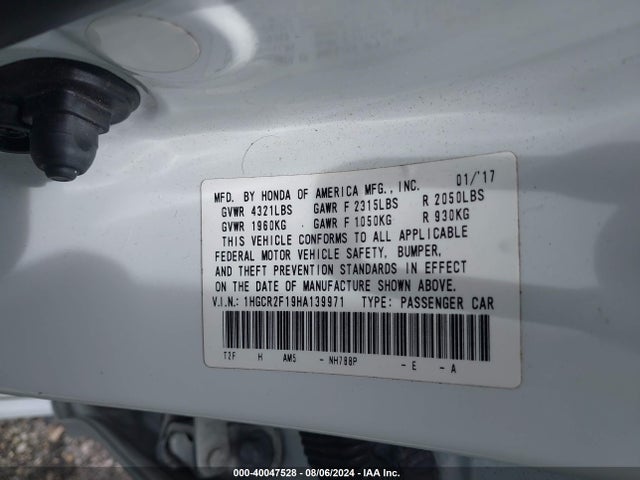 1HGCR2F19HA139971 Honda Accord Sport Se