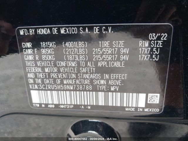 3CZRU5H59NM738788 Honda Hr-v 2wd Ex