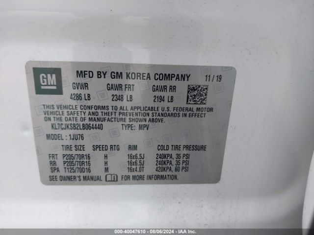 KL7CJKSB2LB064440 Chevrolet Trax Fwd Ls