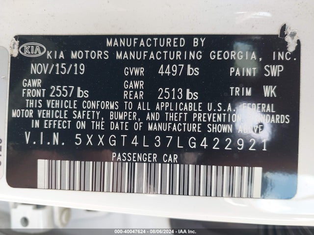 KIA Optima Lx 2020 5XXGT4L37LG422921 Image 9