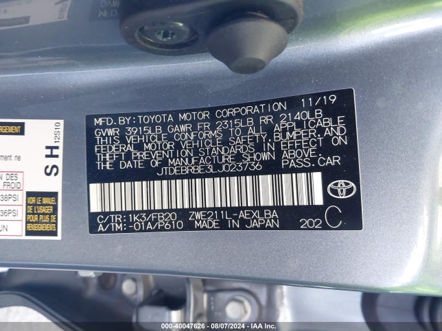 Toyota Corolla Hybrid Le 2020 JTDEBRBE3LJ023736 Image 9