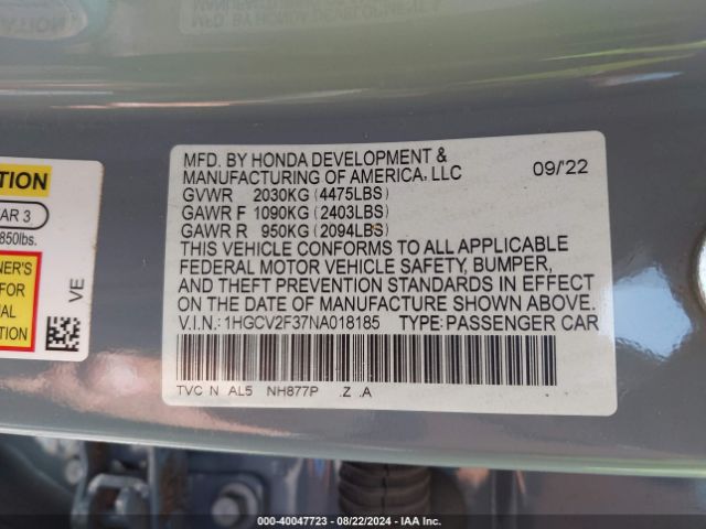 1HGCV2F37NA018185 Honda Accord Sport 2.0t