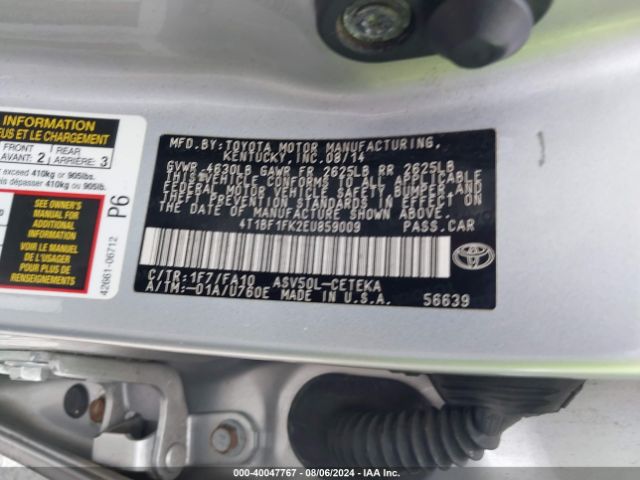4T1BF1FK2EU859009 Toyota CAMRY L