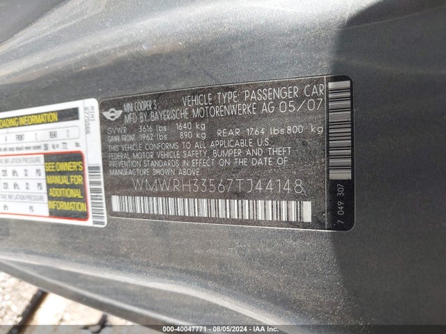 2007 MINI COOPER S WMWRH33567TJ44148 Photo 8