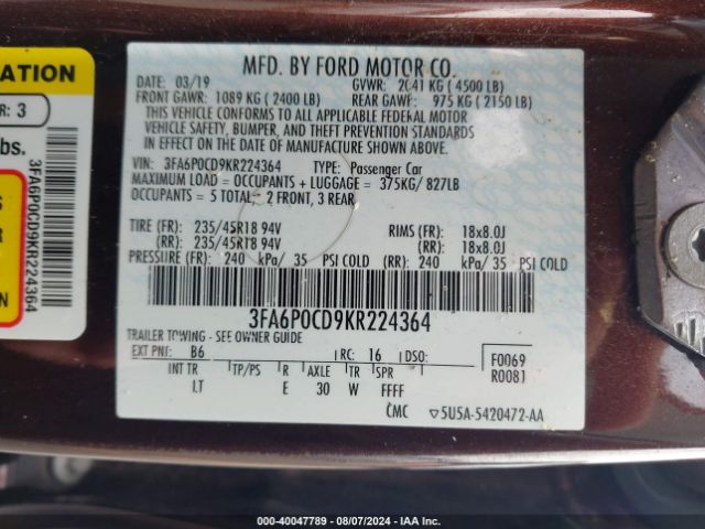 3FA6P0CD9KR224364 Ford FUSION SEL