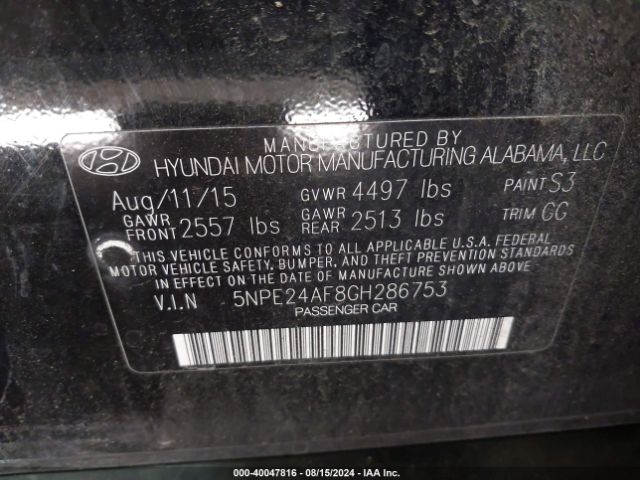 5NPE24AF8GH286753 Hyundai SONATA SE