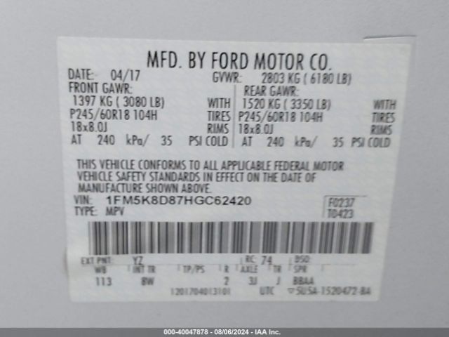 1FM5K8D87HGC62420 Ford EXPLORER XLT