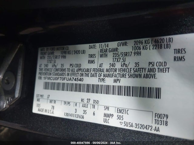 Ford ESCAPE S 2015 1FMCU0F70FUA74540 Image 9