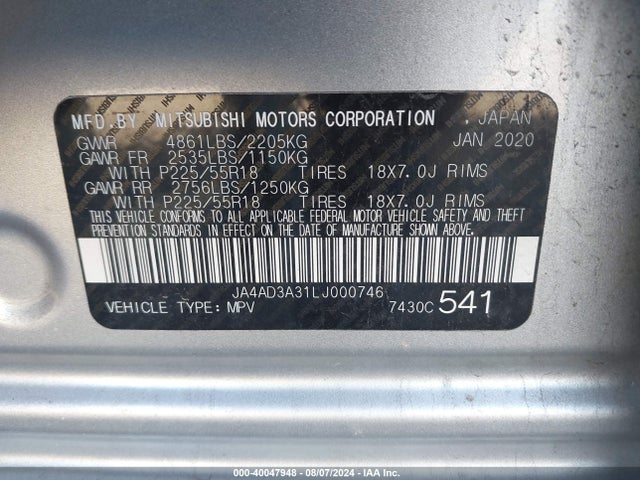 2020 MITSUBISHI OUTLANDER JA4AD3A31LJ000746 Photo 8