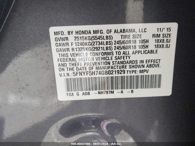 Honda Pilot Ex-l 2016 5FNYF5H74GB021929 Image 9