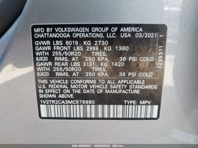 1V2TR2CA3MC576980 Volkswagen Atlas 3.6l V6 Sel Premium