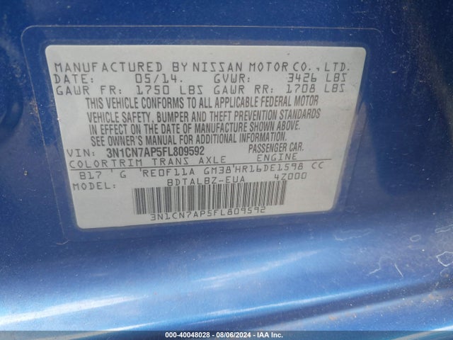 Nissan Versa 1.6 Sv 2015 3N1CN7AP5FL809592 Image 9