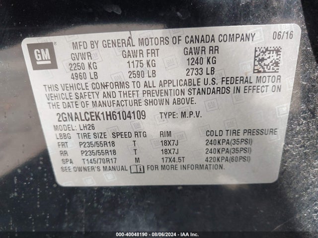 Chevrolet EQUINOX LT 2017 2GNALCEK1H6104109 Image 9