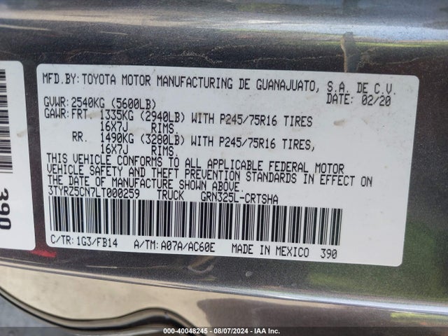 3TYRZ5CN7LT000259 Toyota Tacoma Sr V6