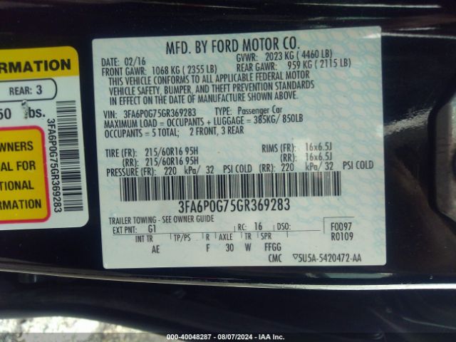 3FA6P0G75GR369283 Ford FUSION S