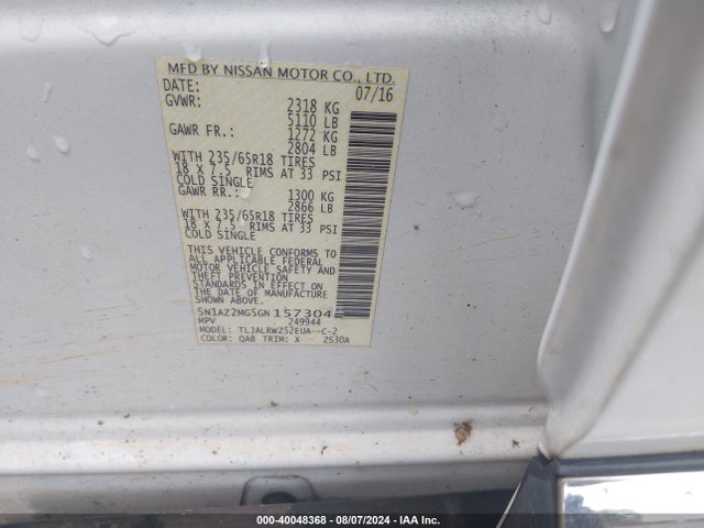 Nissan MURANO SL 2016 5N1AZ2MG5GN157304 Image 9