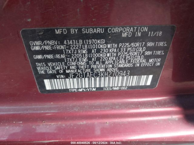 JF2GTAEC3KH270943 Subaru Crosstrek 2.0i Premium