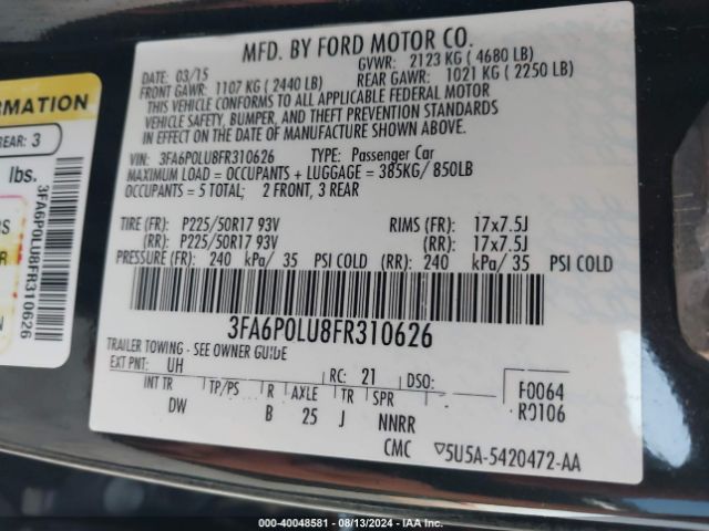3FA6P0LU8FR310626 Ford Fusion Se Hybrid