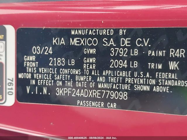 3KPF24ADXRE779098 KIA Forte Lxs